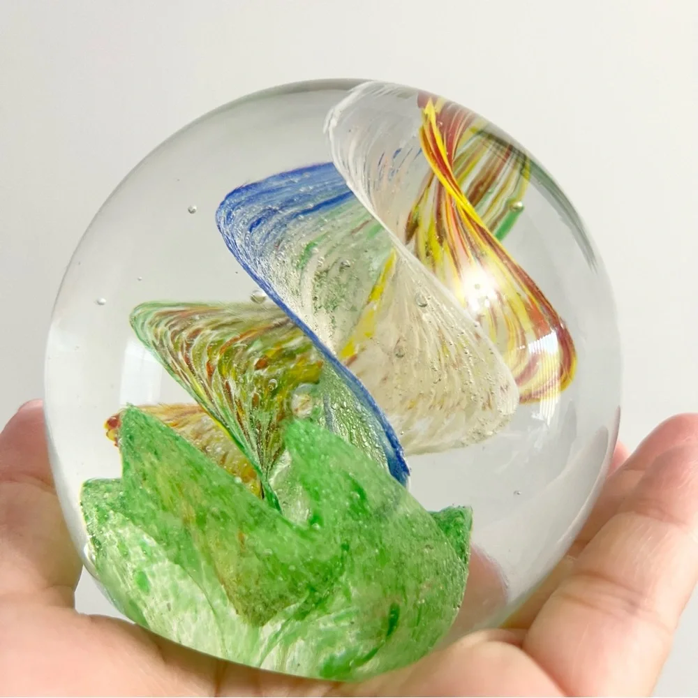 Vintage Pier One Glass Globe Paperweight w Multicolored Swirls Down Middle 2.5lb